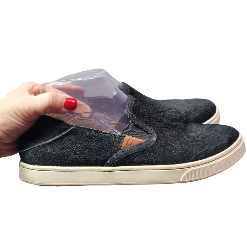 Olukai Pehuea Black Textured Suede Slip On Sneakers Drop In Heel Womens